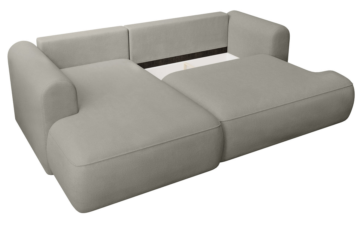 Canapé d'angle convertible Ovo mini en L, côté gauche, avec coffre, tissu chenille gris clair facile d'entretien