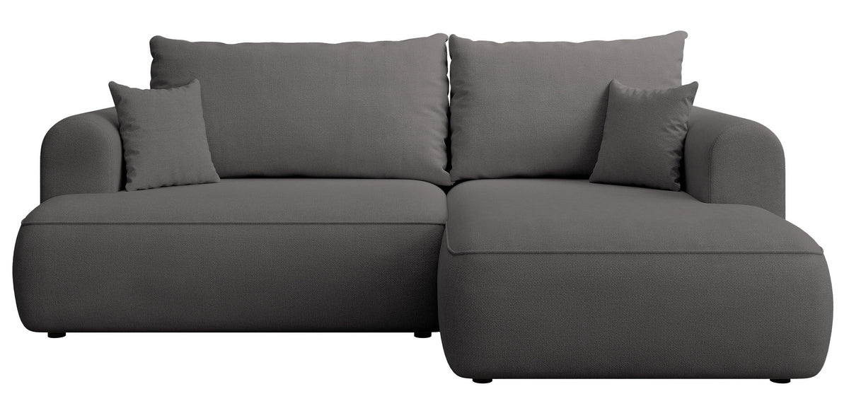 Canapé d’angle droit Ovo mini en L avec fonction couchage et coffre, tissu chenille gris foncé facile à nettoyer