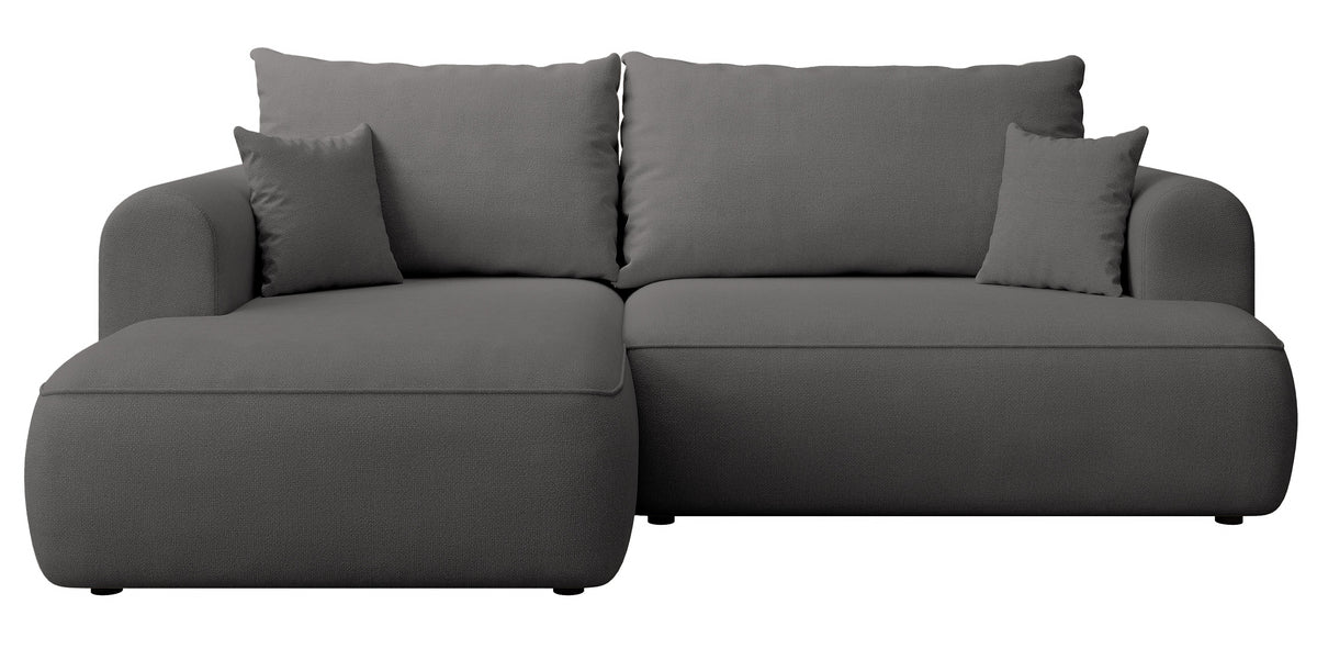 Canapé d'angle convertible Ovo mini en L, côté gauche, avec rangement, tissu chenille gris foncé facile d'entretien