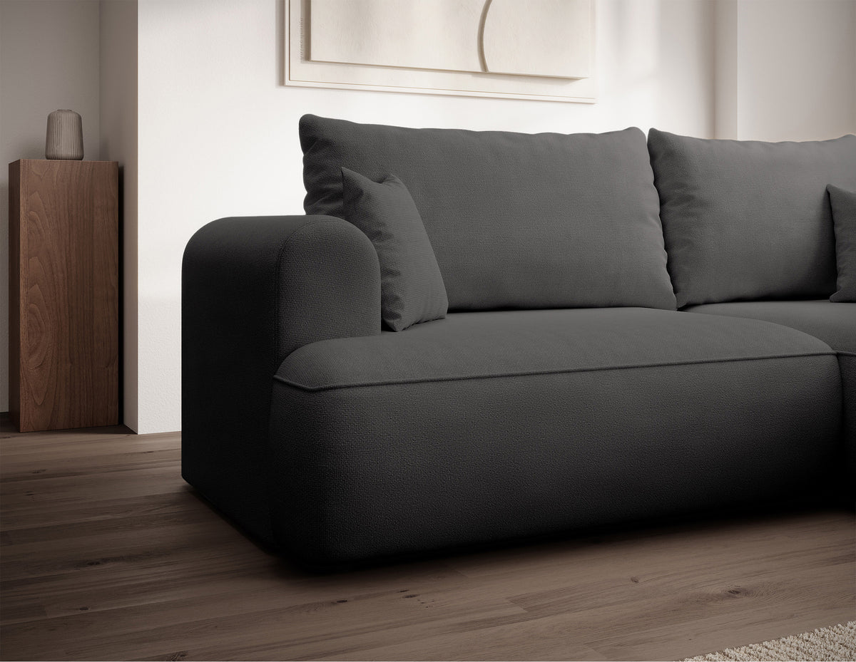 Canapé d’angle droit Ovo mini en L avec fonction couchage et coffre, tissu chenille gris foncé facile à nettoyer