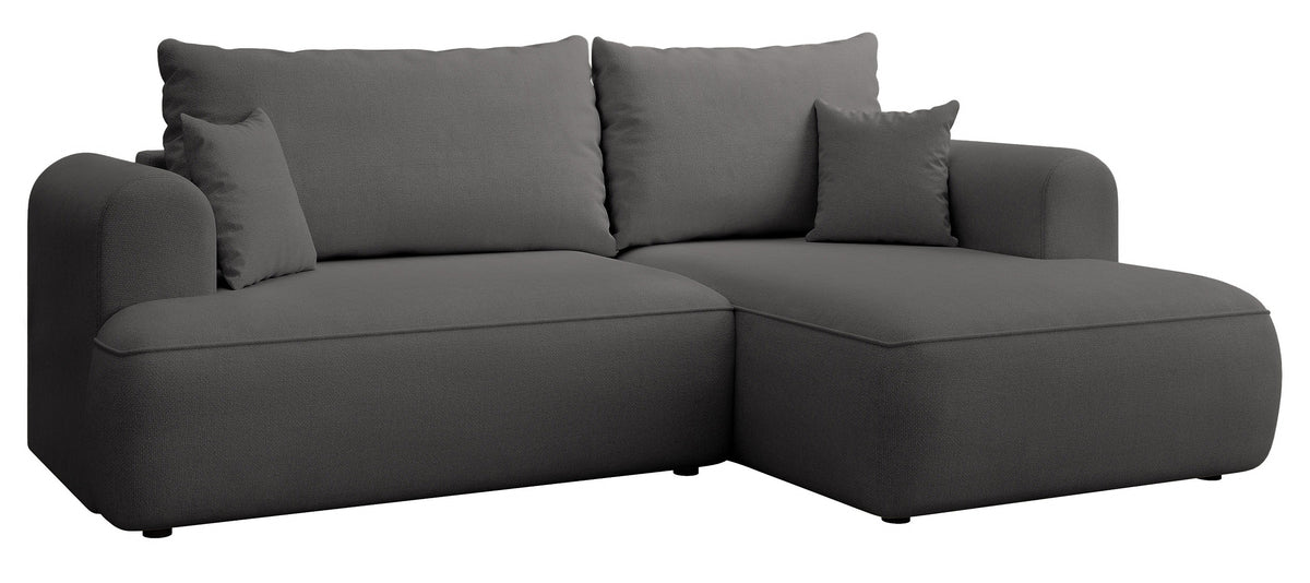 Canapé d’angle droit Ovo mini en L avec fonction couchage et coffre, tissu chenille gris foncé facile à nettoyer