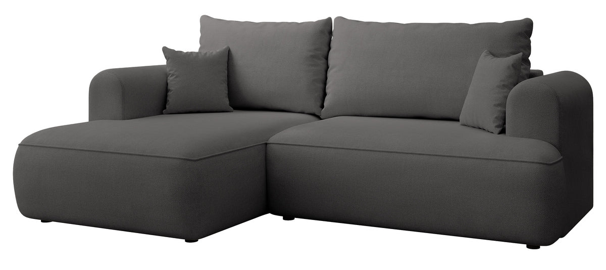 Ecksofa mit Schlaffunktion Ovo Mini, L-förmig, linksseitig, mit Stauraum, dunkelgrauer, pflegeleichter Chenillestoff