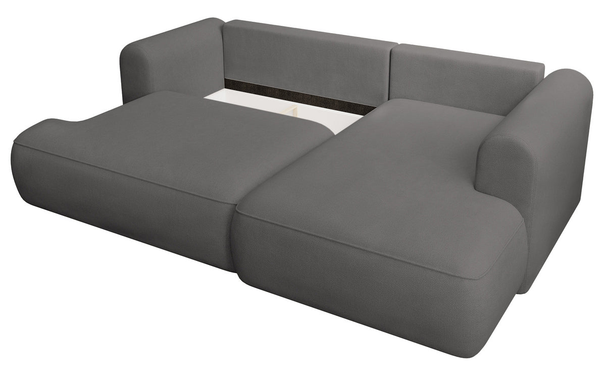 Canapé d’angle droit Ovo mini en L avec fonction couchage et coffre, tissu chenille gris foncé facile à nettoyer