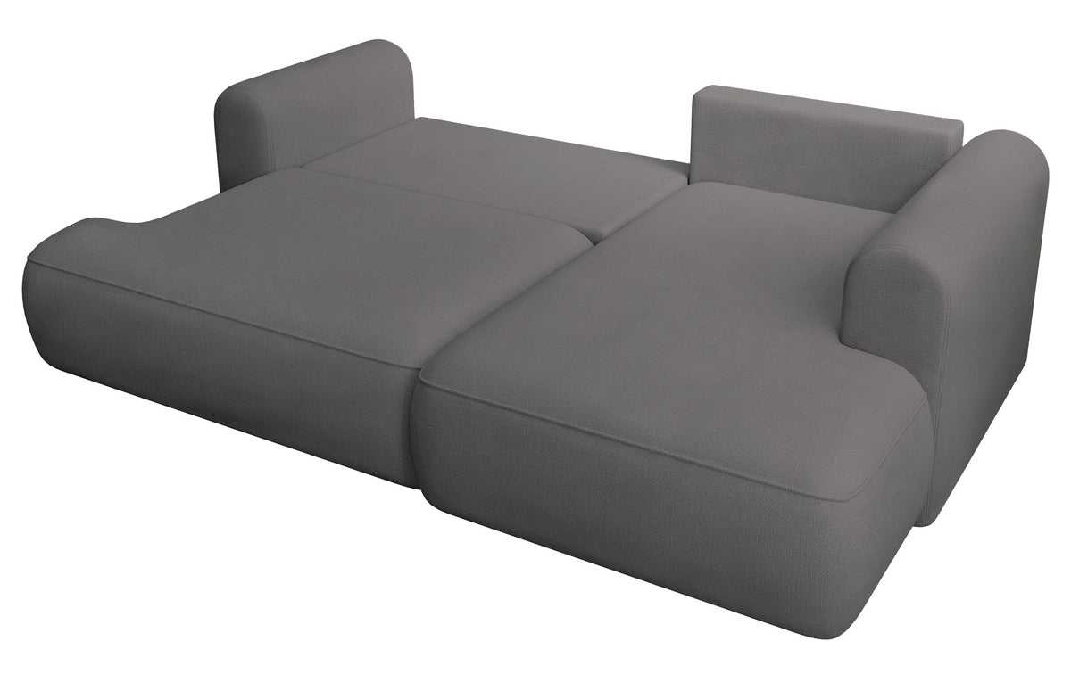 Canapé d’angle droit Ovo mini en L avec fonction couchage et coffre, tissu chenille gris foncé facile à nettoyer