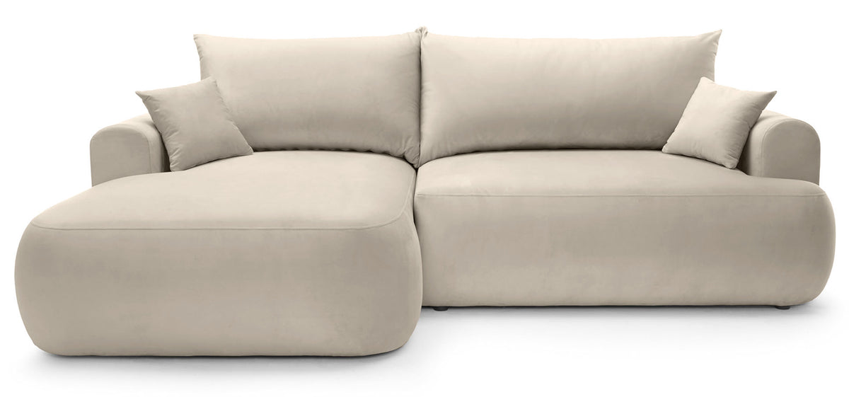 Canapé d'angle gauche Ovo avec fonction couchage et coffre, velours beige clair facile à nettoyer