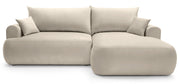 Canapé d'angle convertible Ovo en L, orientation droite, avec coffre de rangement, velours beige clair facile d'entretien