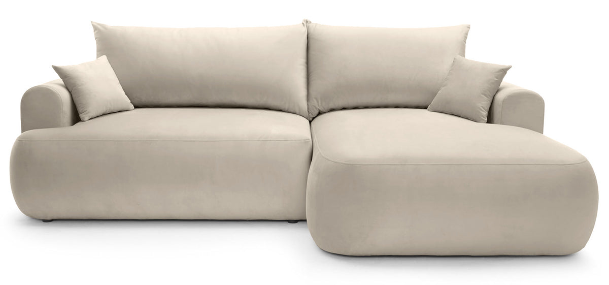Canapé d'angle convertible Ovo en L, orientation droite, avec coffre de rangement, velours beige clair facile d'entretien