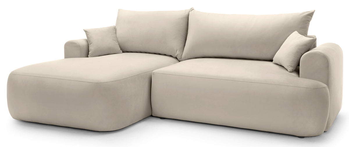 Canapé d'angle gauche Ovo avec fonction couchage et coffre, velours beige clair facile à nettoyer