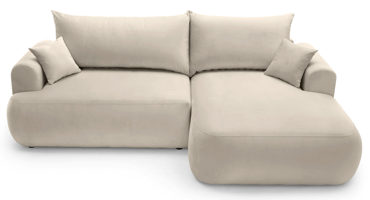 Canapé d'angle convertible Ovo en L, orientation droite, avec coffre de rangement, velours beige clair facile d'entretien