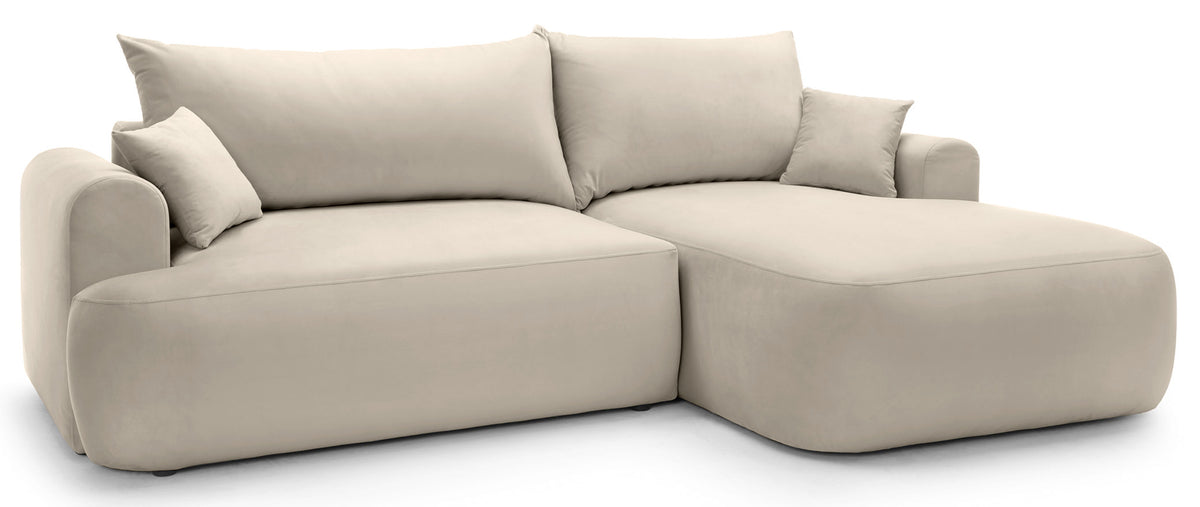 Canapé d'angle convertible Ovo en L, orientation droite, avec coffre de rangement, velours beige clair facile d'entretien