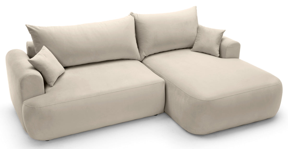 Canapé d'angle convertible Ovo en L, orientation droite, avec coffre de rangement, velours beige clair facile d'entretien