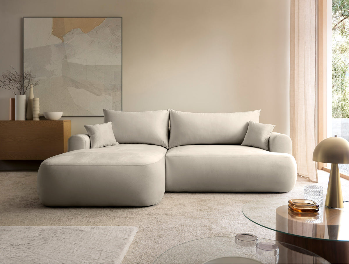 Canapé d'angle gauche Ovo avec fonction couchage et coffre, velours beige clair facile à nettoyer