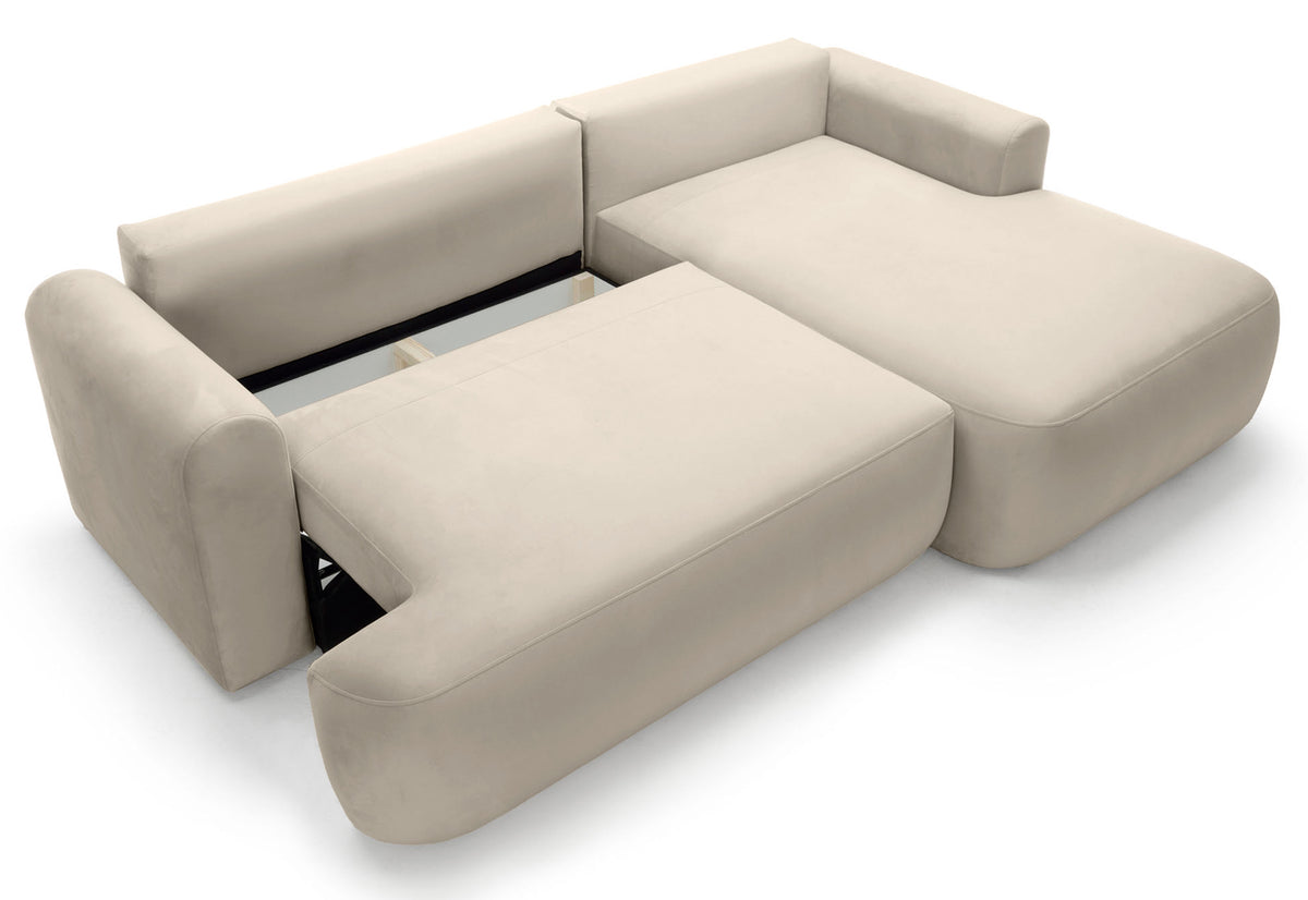 Canapé d'angle convertible Ovo en L, orientation droite, avec coffre de rangement, velours beige clair facile d'entretien