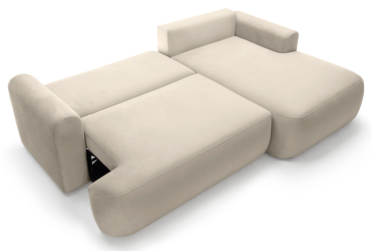 Canapé d'angle convertible Ovo en L, orientation droite, avec coffre de rangement, velours beige clair facile d'entretien