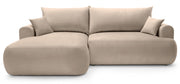 Canapé d'angle gauche Ovo avec fonction couchage et coffre, velours beige facile d'entretien