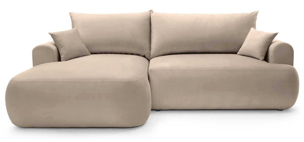 Canapé d'angle gauche Ovo avec fonction couchage et coffre, velours beige facile d'entretien