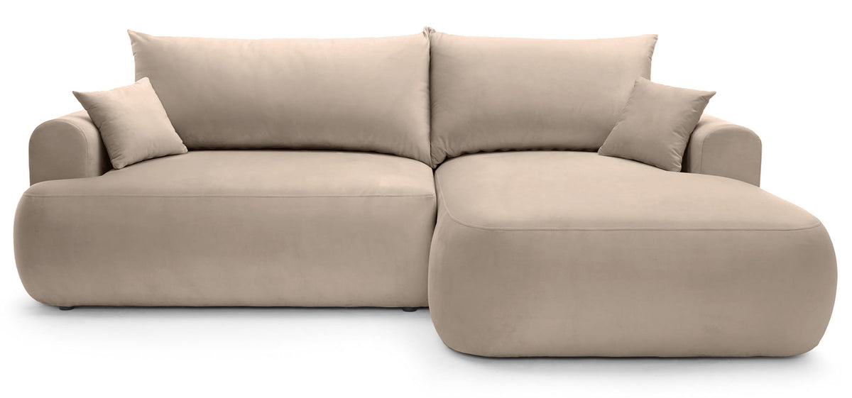 Canapé d'angle droit Ovo avec fonction couchage et coffre de rangement, velours beige facile à nettoyer