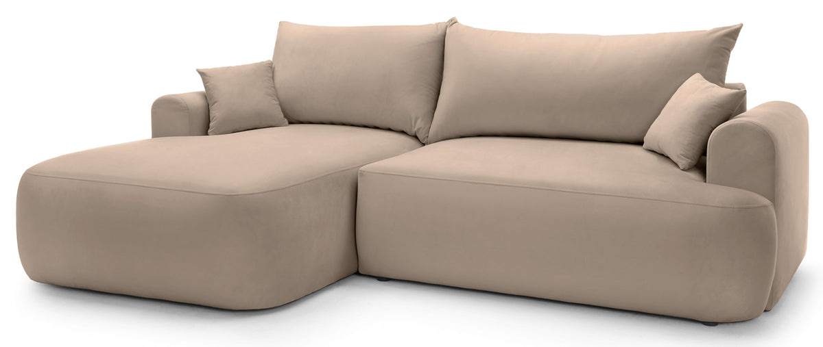 Canapé d'angle gauche Ovo avec fonction couchage et coffre, velours beige facile d'entretien