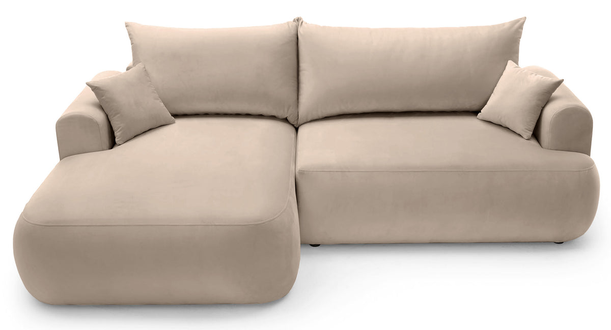 Canapé d'angle gauche Ovo avec fonction couchage et coffre, velours beige facile d'entretien