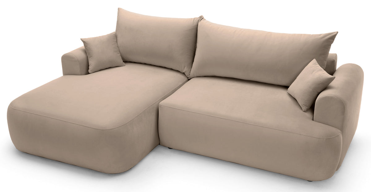 Canapé d'angle gauche Ovo avec fonction couchage et coffre, velours beige facile d'entretien
