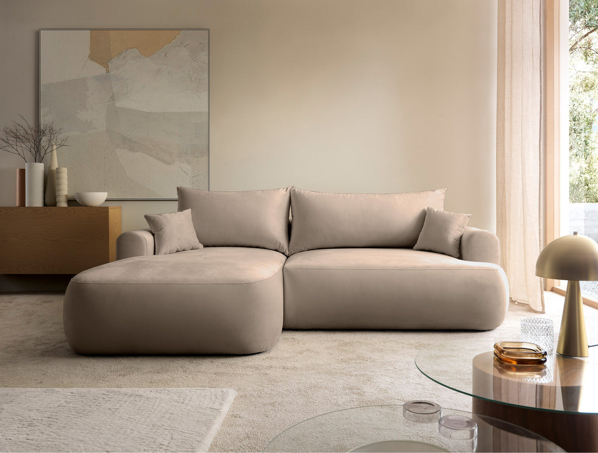 Canapé d'angle gauche Ovo avec fonction couchage et coffre, velours beige facile d'entretien