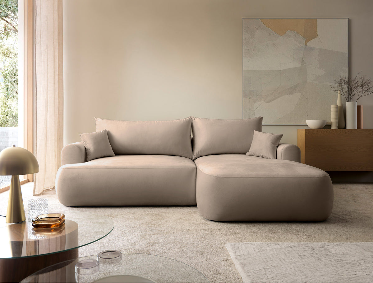 Canapé d'angle droit Ovo avec fonction couchage et coffre de rangement, velours beige facile à nettoyer