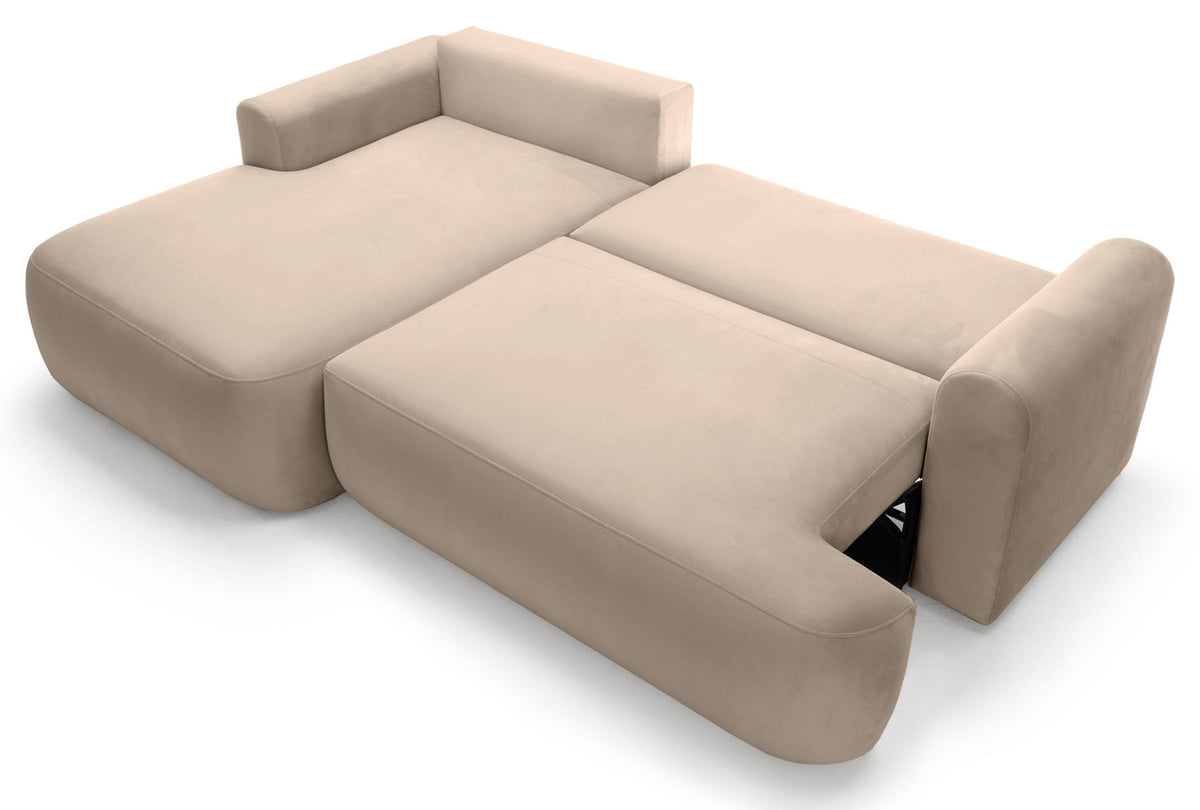 Canapé d'angle gauche Ovo avec fonction couchage et coffre, velours beige facile d'entretien