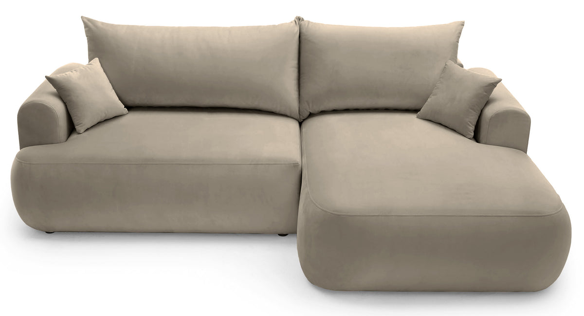 Canapé d'angle droit Ovo avec fonction couchage et coffre de rangement, velours gris beige facile d'entretien