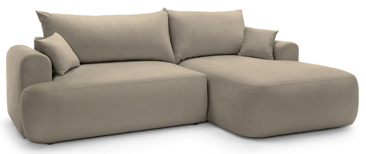 Canapé d'angle droit Ovo avec fonction couchage et coffre de rangement, velours gris beige facile d'entretien