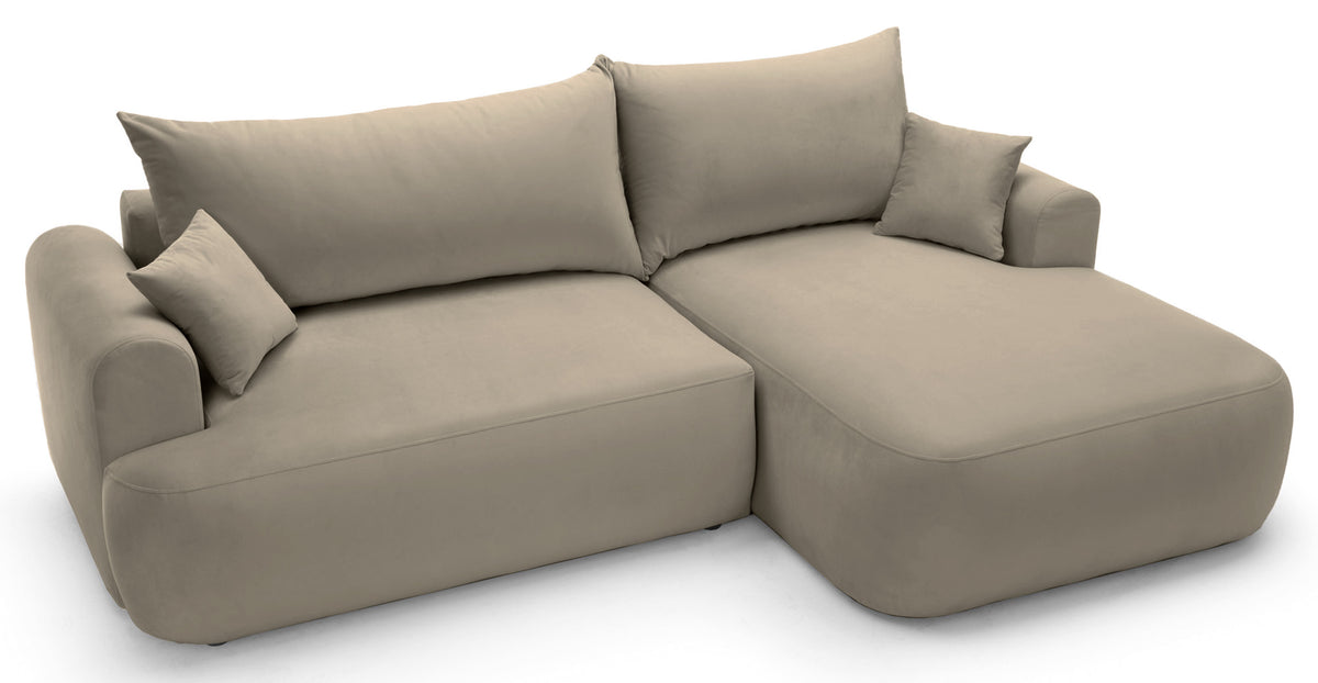 Canapé d'angle droit Ovo avec fonction couchage et coffre de rangement, velours gris beige facile d'entretien