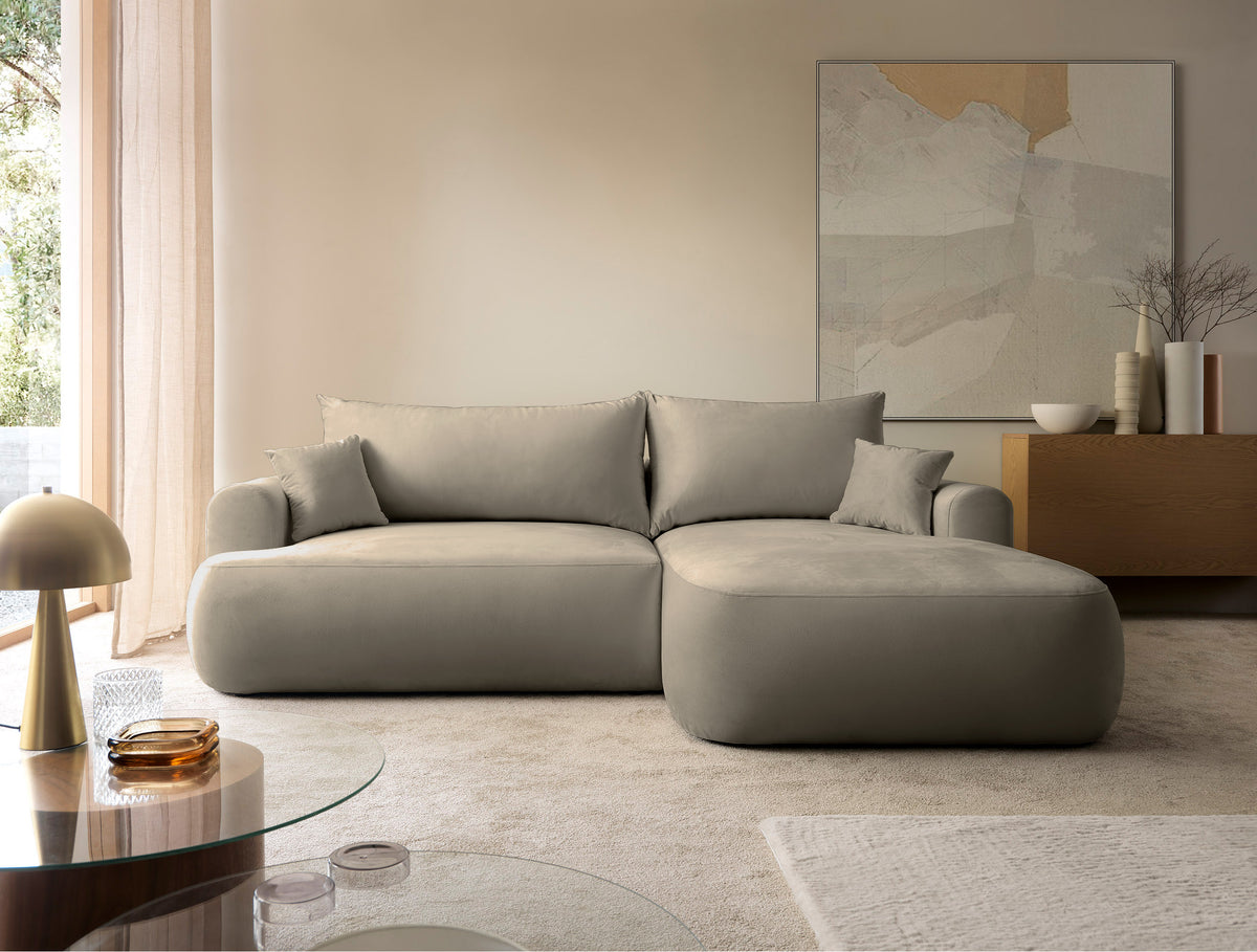 Canapé d'angle droit Ovo avec fonction couchage et coffre de rangement, velours gris beige facile d'entretien