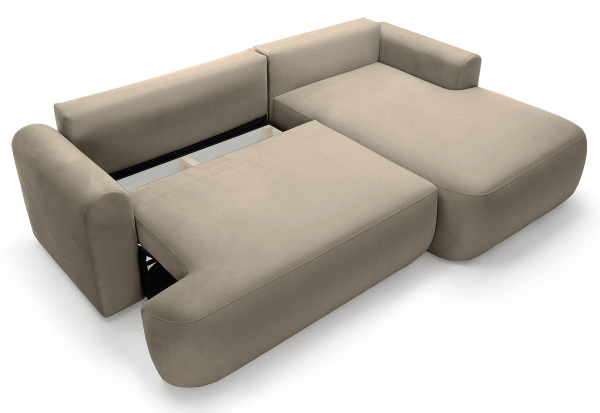 Canapé d'angle droit Ovo avec fonction couchage et coffre de rangement, velours gris beige facile d'entretien