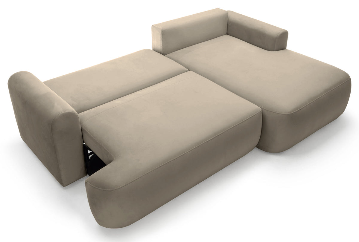Canapé d'angle droit Ovo avec fonction couchage et coffre de rangement, velours gris beige facile d'entretien