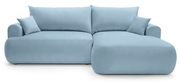 Canapé d'angle droit Ovo avec fonction couchage et coffre de rangement, velours hydrofuge bleu ciel