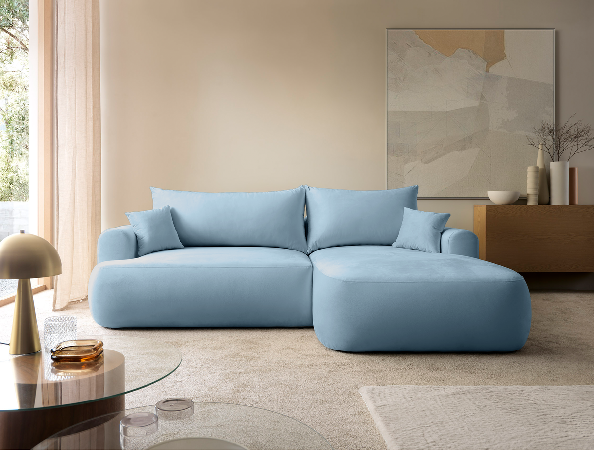 Canapé d'angle droit Ovo avec fonction couchage et coffre de rangement, velours hydrofuge bleu ciel