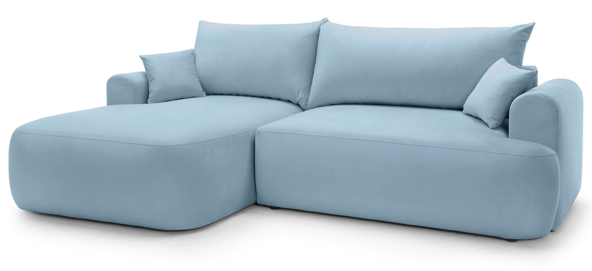 Canapé d'angle convertible Ovo en L, orientation gauche, avec coffre de rangement, velours hydrofuge bleu ciel