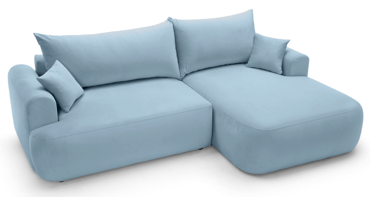 Canapé d'angle droit Ovo avec fonction couchage et coffre de rangement, velours hydrofuge bleu ciel