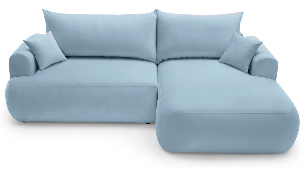 Canapé d'angle droit Ovo avec fonction couchage et coffre de rangement, velours hydrofuge bleu ciel