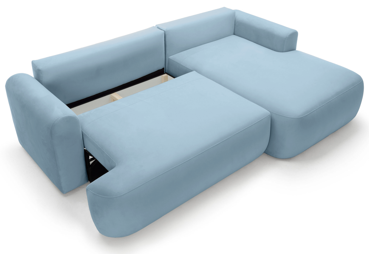 Canapé d'angle droit Ovo avec fonction couchage et coffre de rangement, velours hydrofuge bleu ciel