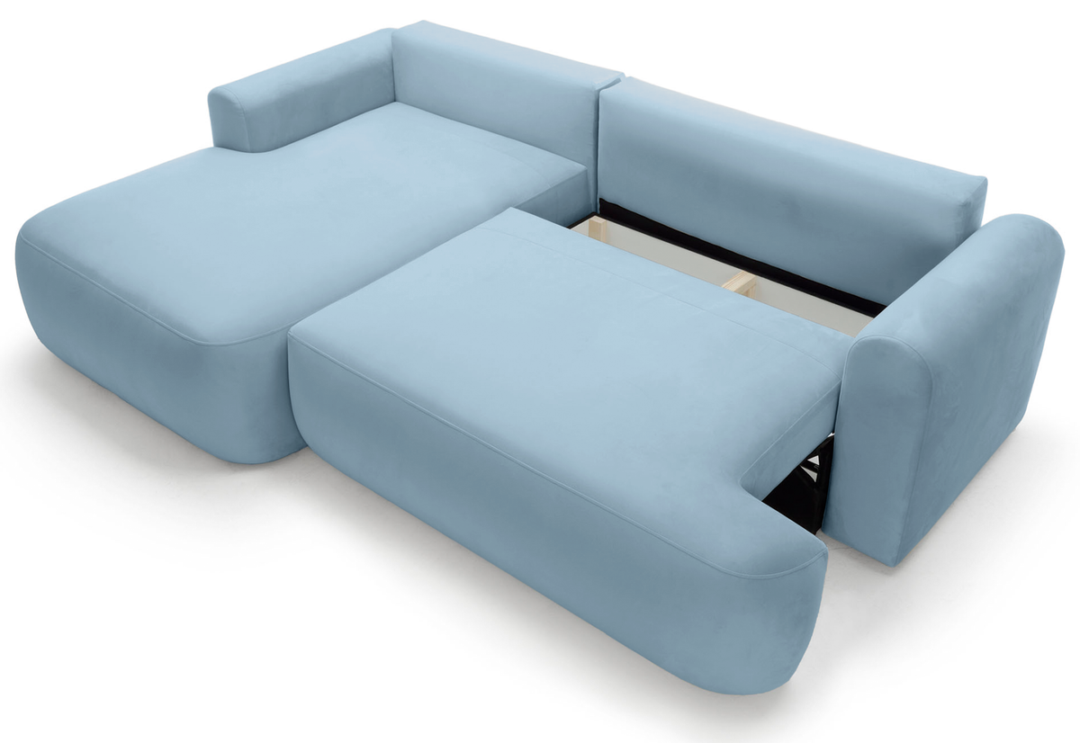Canapé d'angle convertible Ovo en L, orientation gauche, avec coffre de rangement, velours hydrofuge bleu ciel