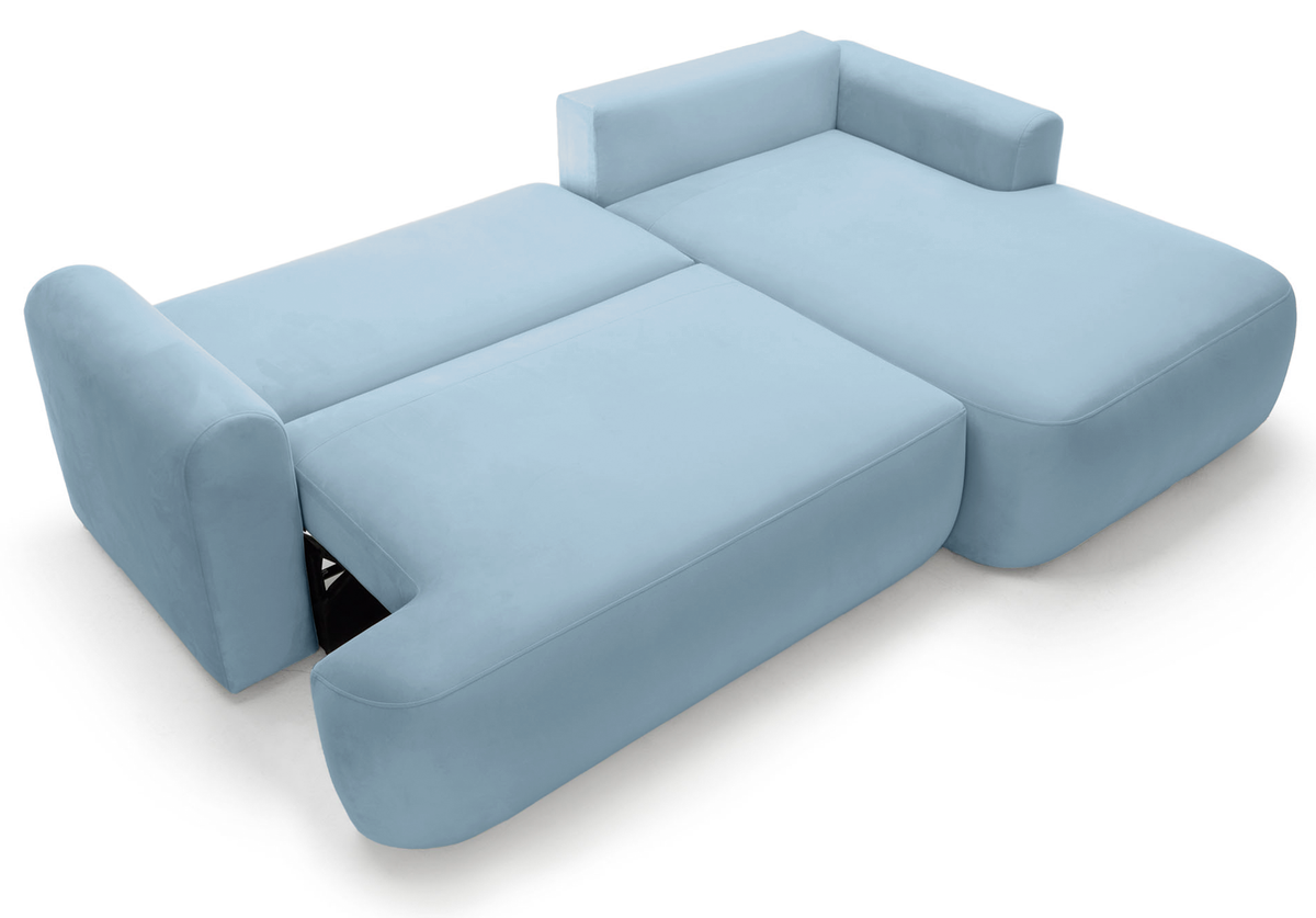 Canapé d'angle droit Ovo avec fonction couchage et coffre de rangement, velours hydrofuge bleu ciel