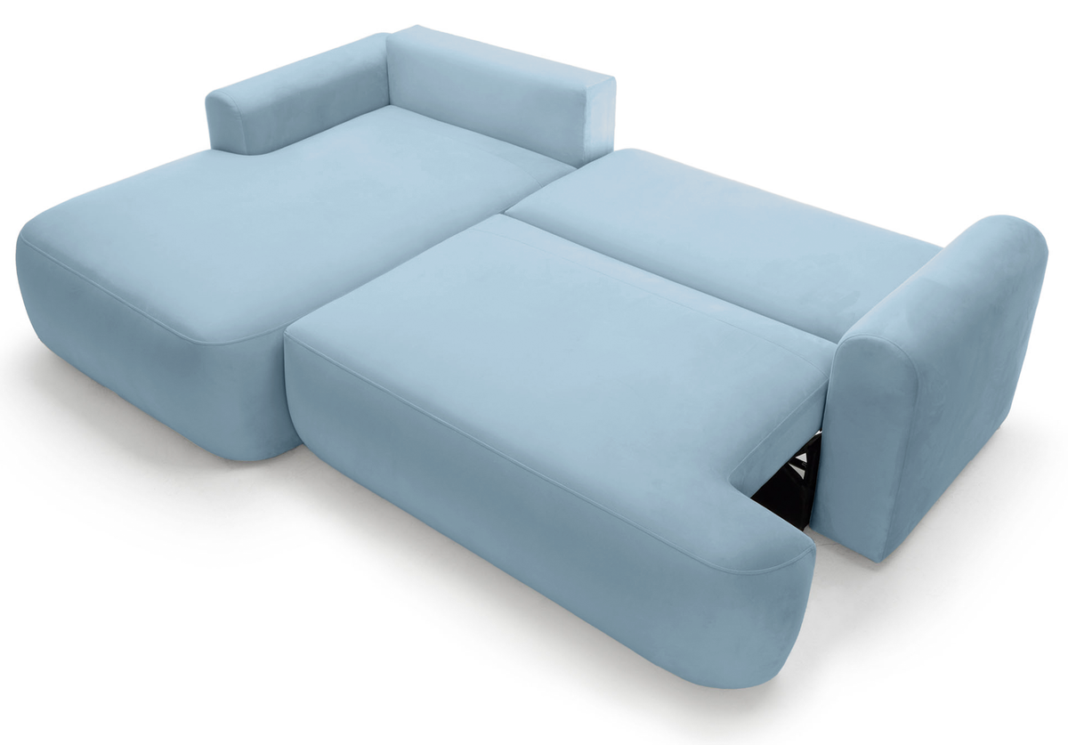 Canapé d'angle convertible Ovo en L, orientation gauche, avec coffre de rangement, velours hydrofuge bleu ciel