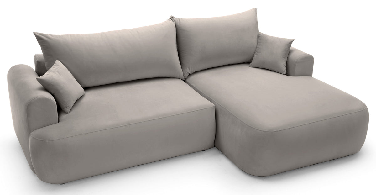 Ecksofa mit Schlafunktion Ovo, L-förmig, rechtsseitig, mit Stauraum, hellgrauer, leicht zu reinigender Samtstoff