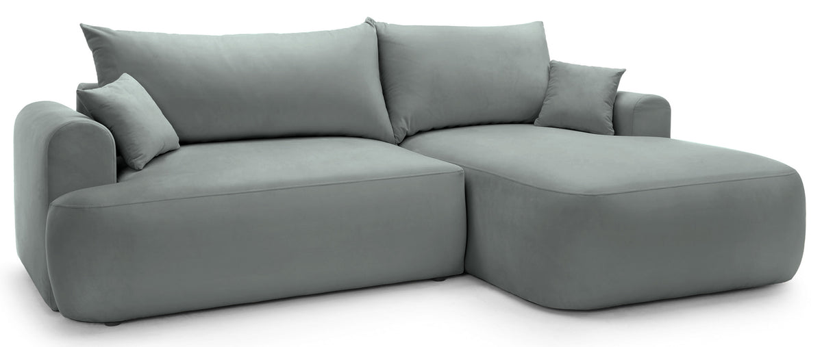 Canapé d'angle droit convertible Ovo en velours gris facile d'entretien avec rangement