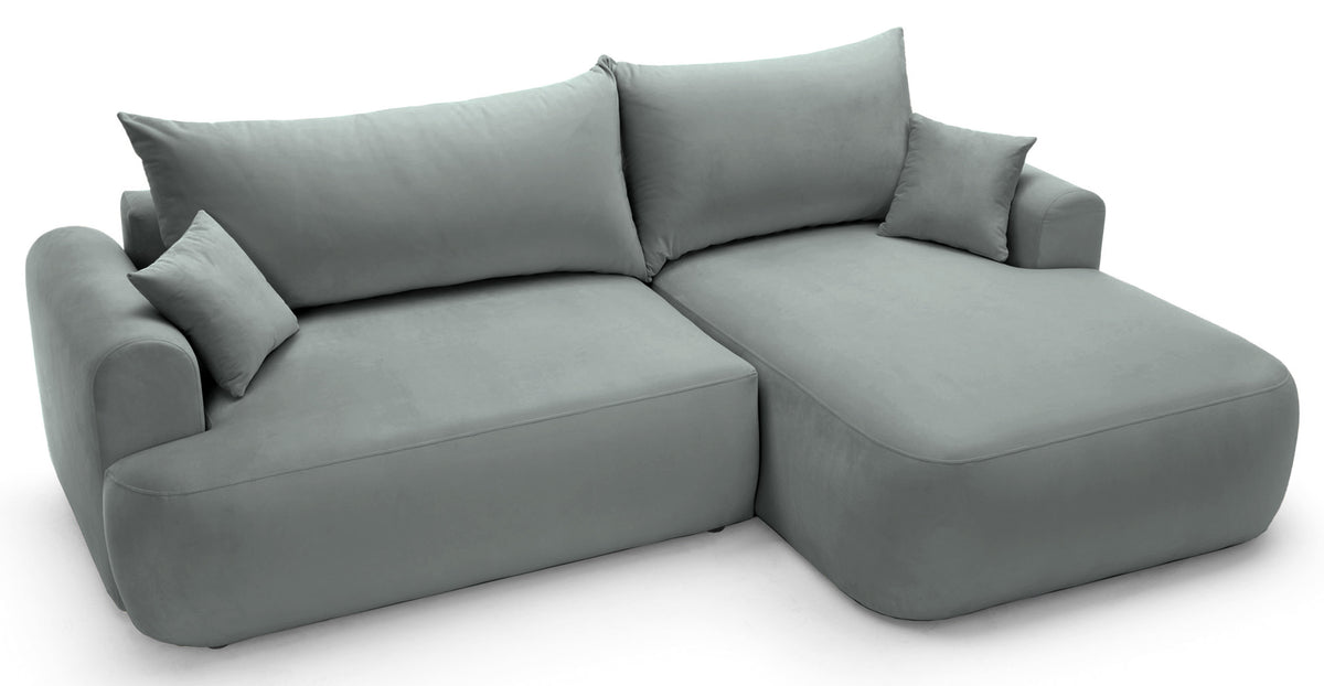 Canapé d'angle droit convertible Ovo en velours gris facile d'entretien avec rangement