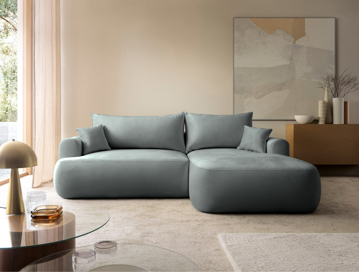 Canapé d'angle droit convertible Ovo en velours gris facile d'entretien avec rangement