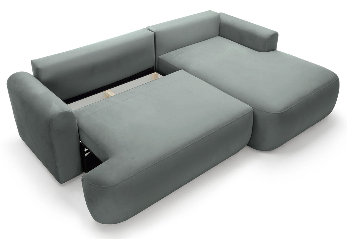 Canapé d'angle droit convertible Ovo en velours gris facile d'entretien avec rangement