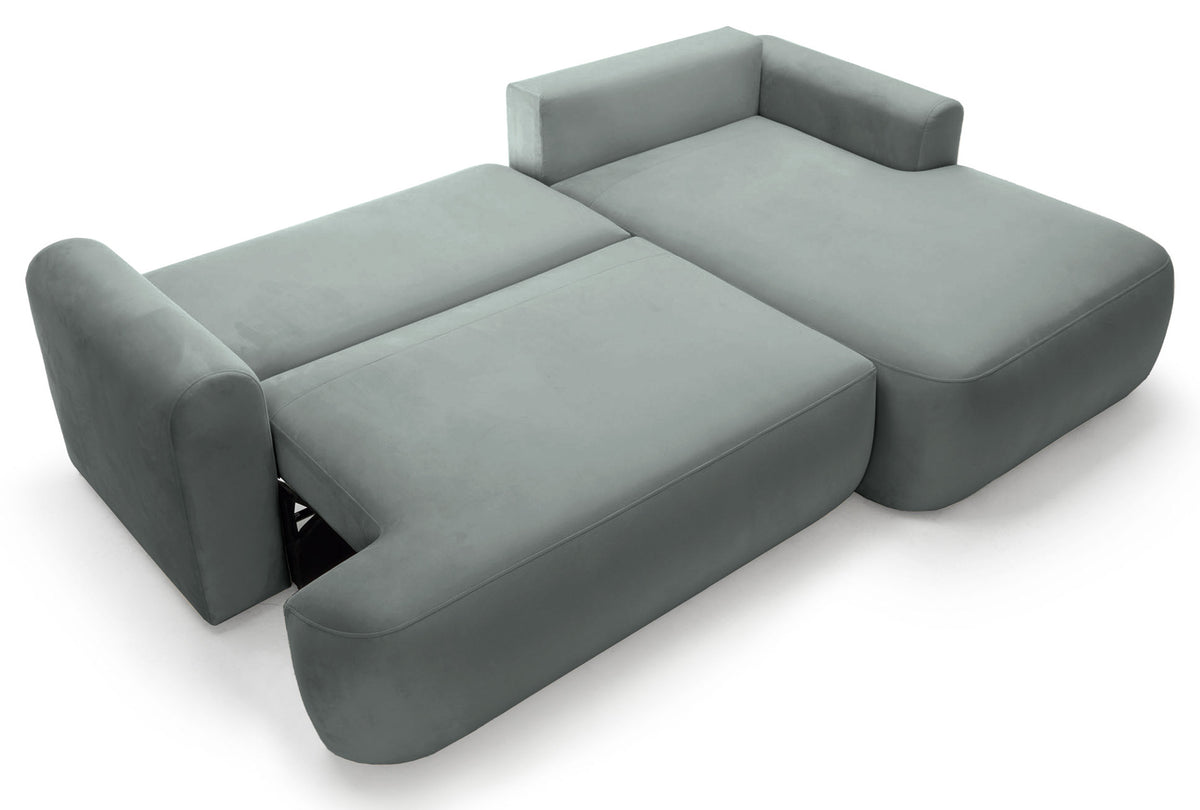 Canapé d'angle droit convertible Ovo en velours gris facile d'entretien avec rangement