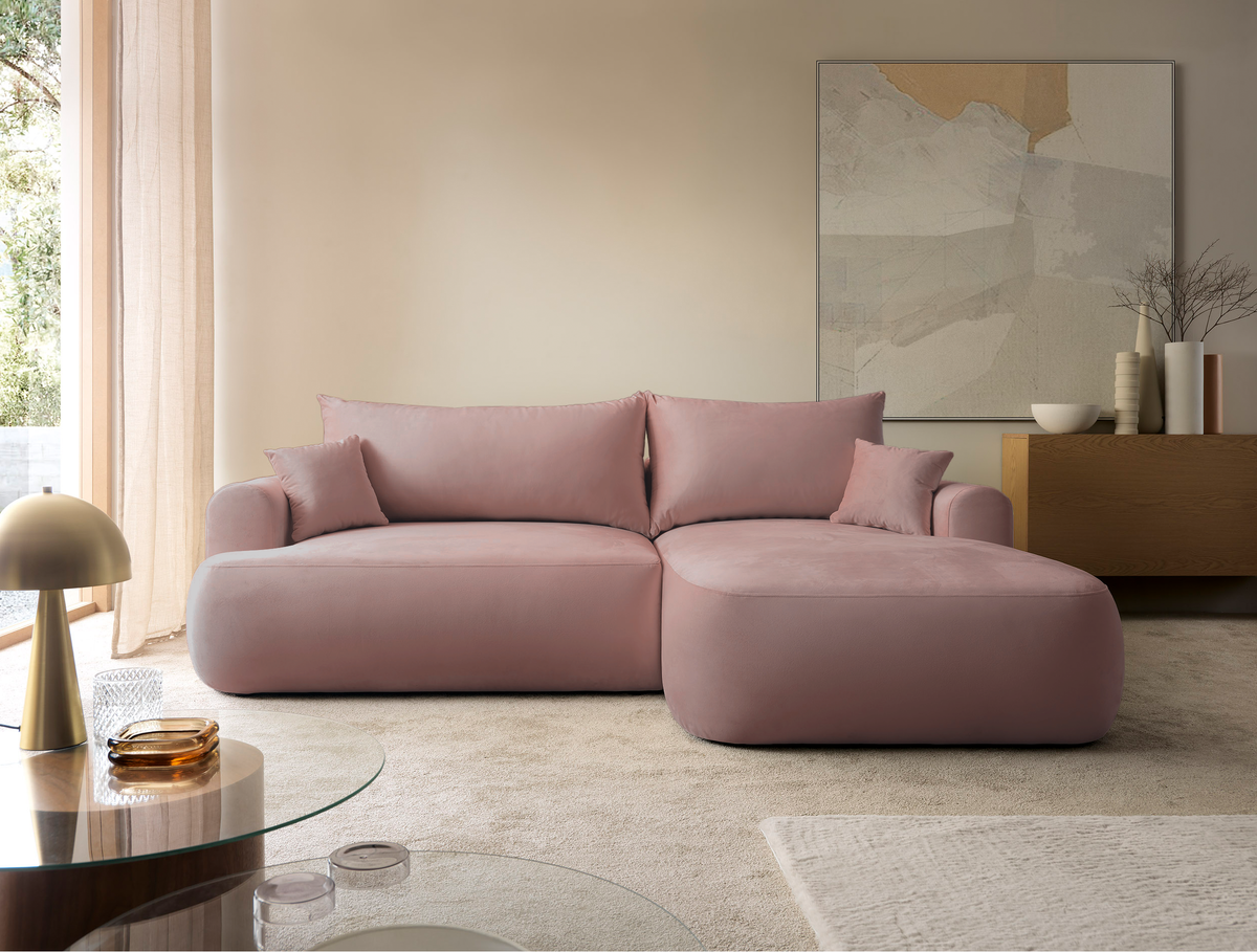 Canapé d'angle droit convertible Ovo en velours hydrofuge rose clair avec coffre de rangement