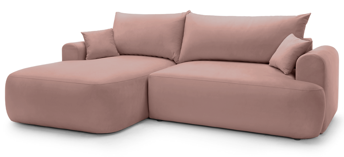 Ovo Ecksofa mit Schlaffunktion, L-Form, linksseitig, mit Stauraum, hellrosa Velours, wasserabweisend